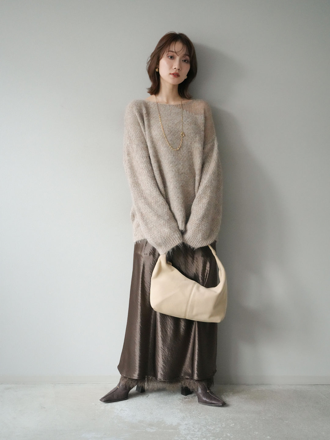 [予約]ネック透かし編みニットプルオーバー/ベージュ