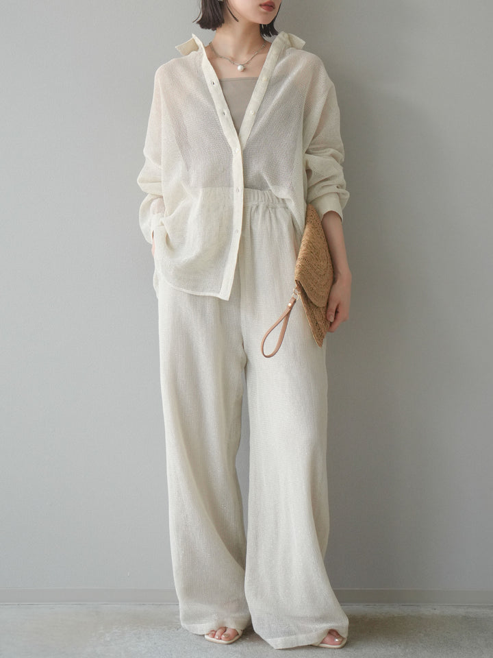 [預購] 棉質金銀絲網眼休閒褲/象牙白