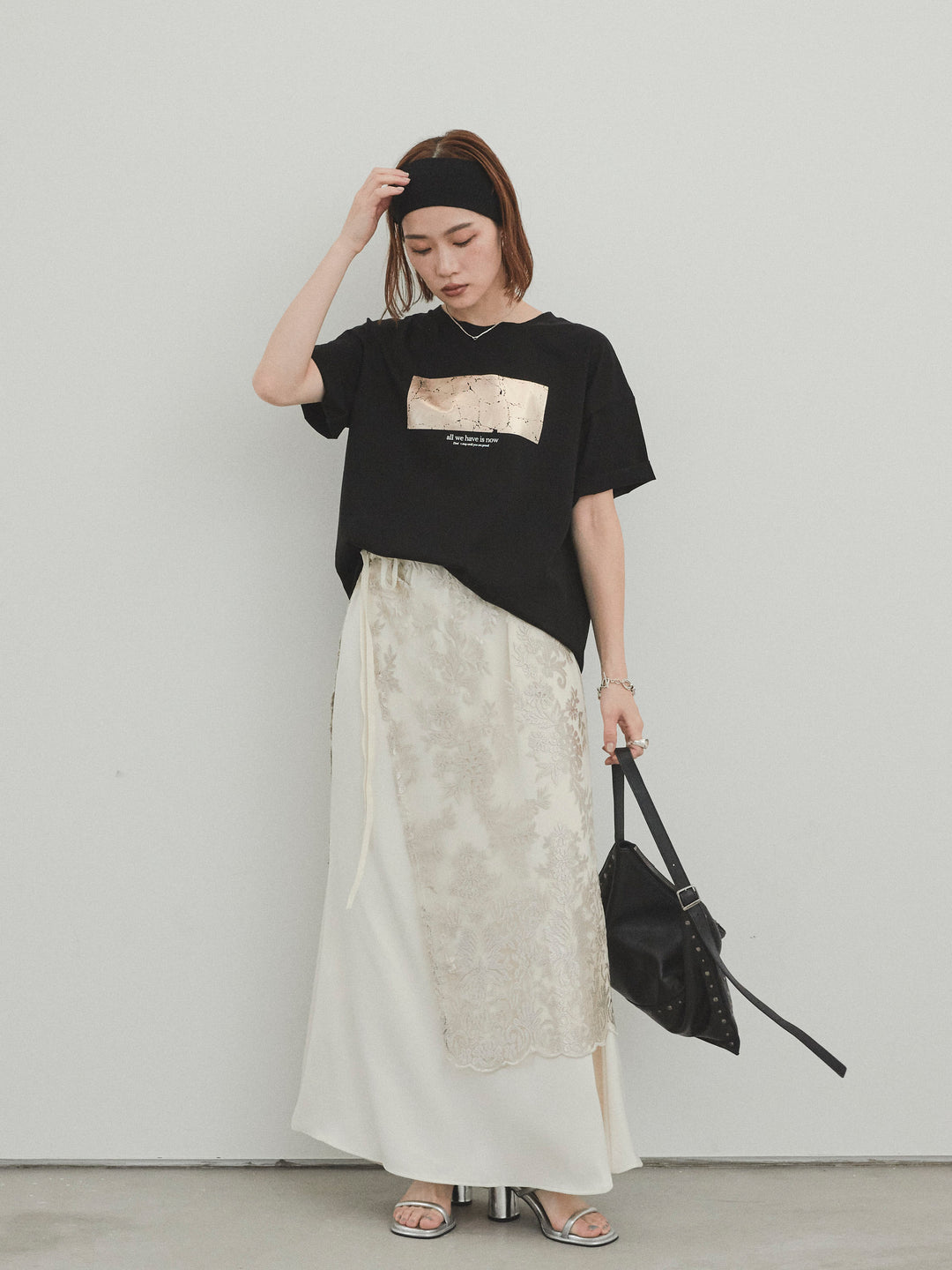 [SET]箔プリントドライタッチコットンTEE +チュールジャガードラップロングスカート(2set)