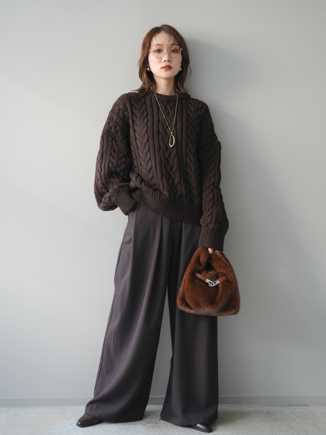 [予約]ボリュームケーブルニットプルオーバー/brown