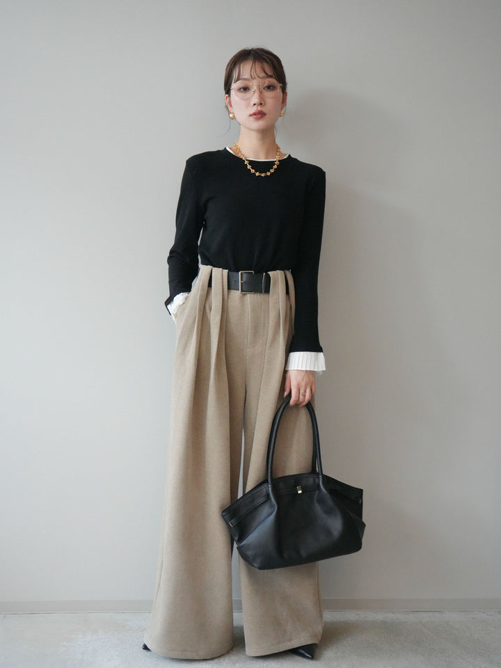 [予約]袖プリーツ配色レイヤードトップス/black