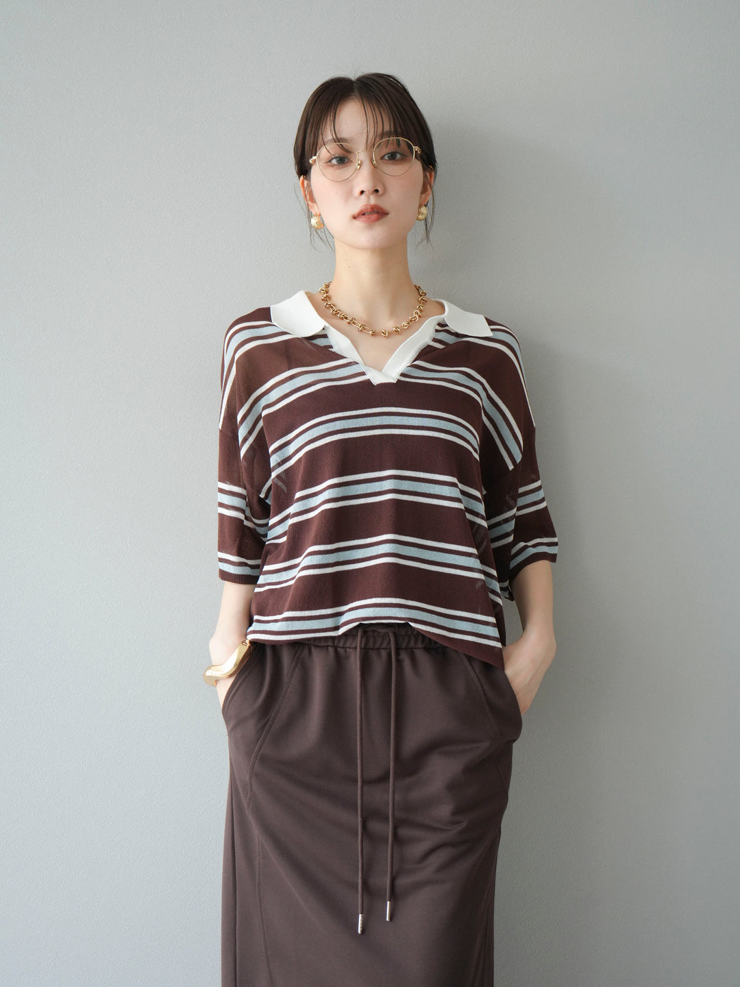 [予約]シアーポロニットプルオーバー/ブラウンボーダー