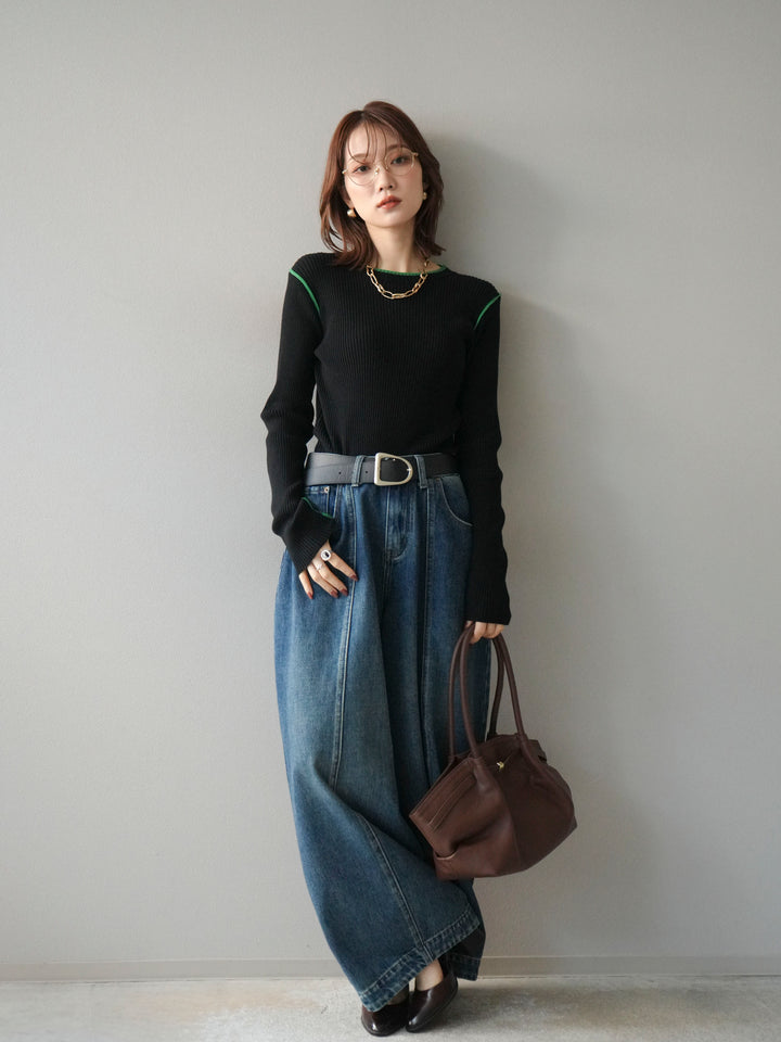 [予約]バイカラークルーネックリブニットトップス/black