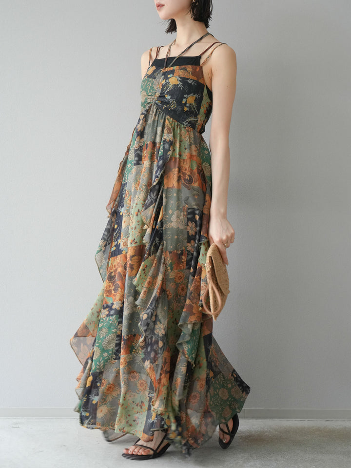 [預購] 拼布荷葉邊吊帶洋裝/混色