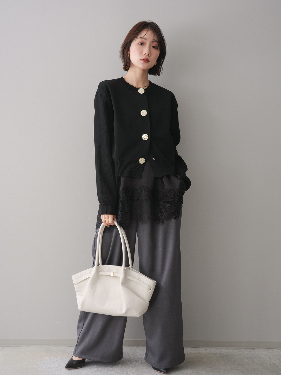 [SET]メタルボタンクルーネックニットカーディガン+選べるアクセセット(2set)