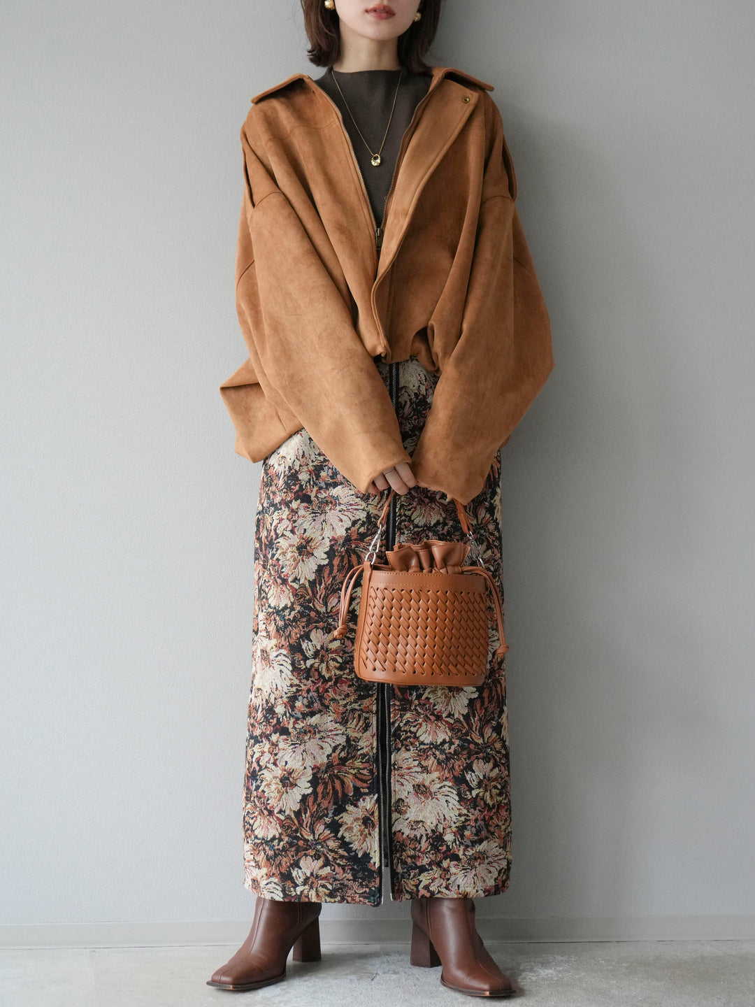 [SET]スウェードオーバーブルゾン+ゴブランフロントジップタイトスカート(2set)