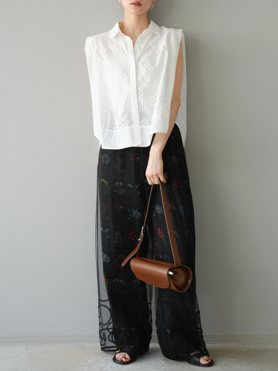 [予約]パッチワークフラワープリントイージーパンツ/ブラック