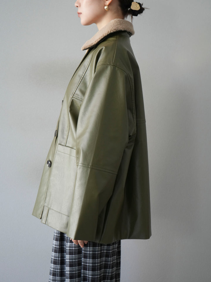 [予約]襟ボアレザーブルゾン/カーキ