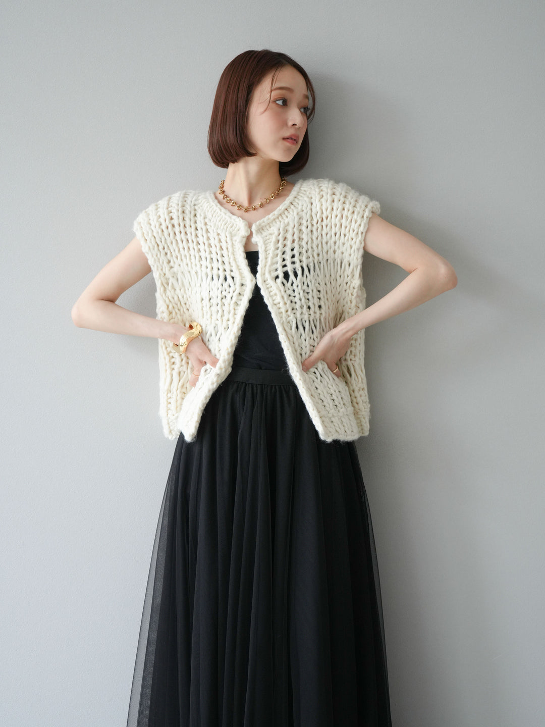 [予約]ハンドニットローピングベスト/アイボリー