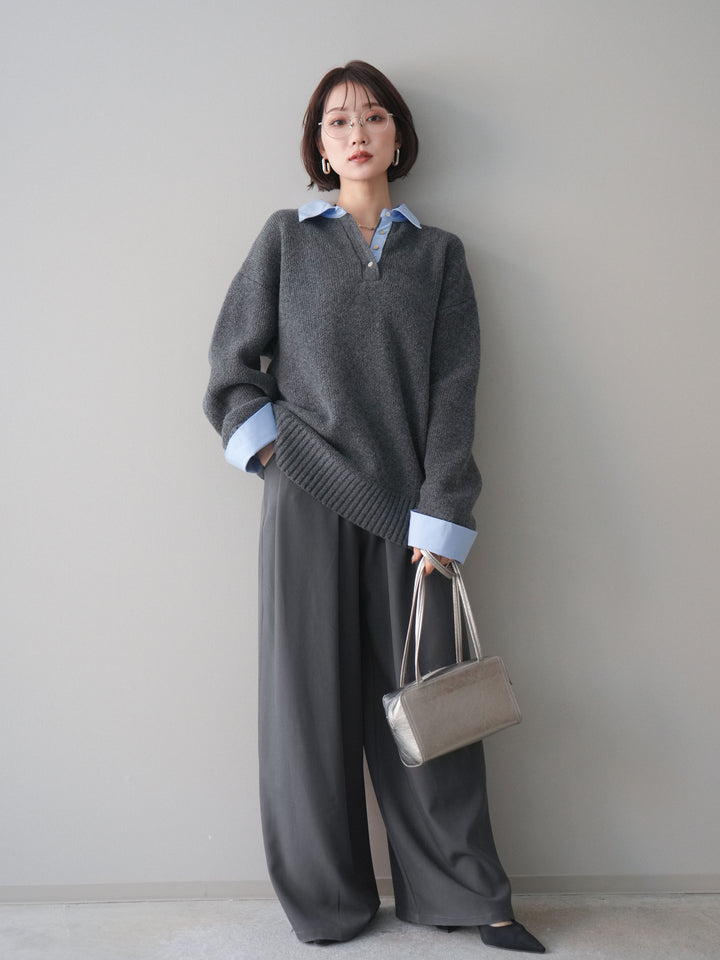 [予約]シャツドッキングオーバーニットプルオーバー/charcoalsax