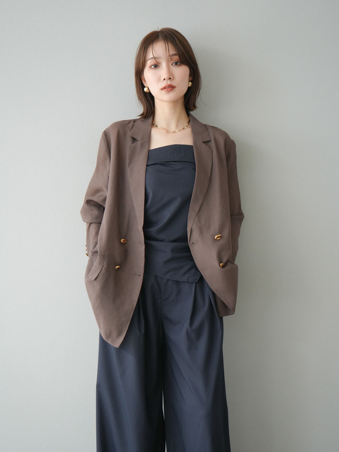 [預購] 金色紐扣透視夾克/棕色