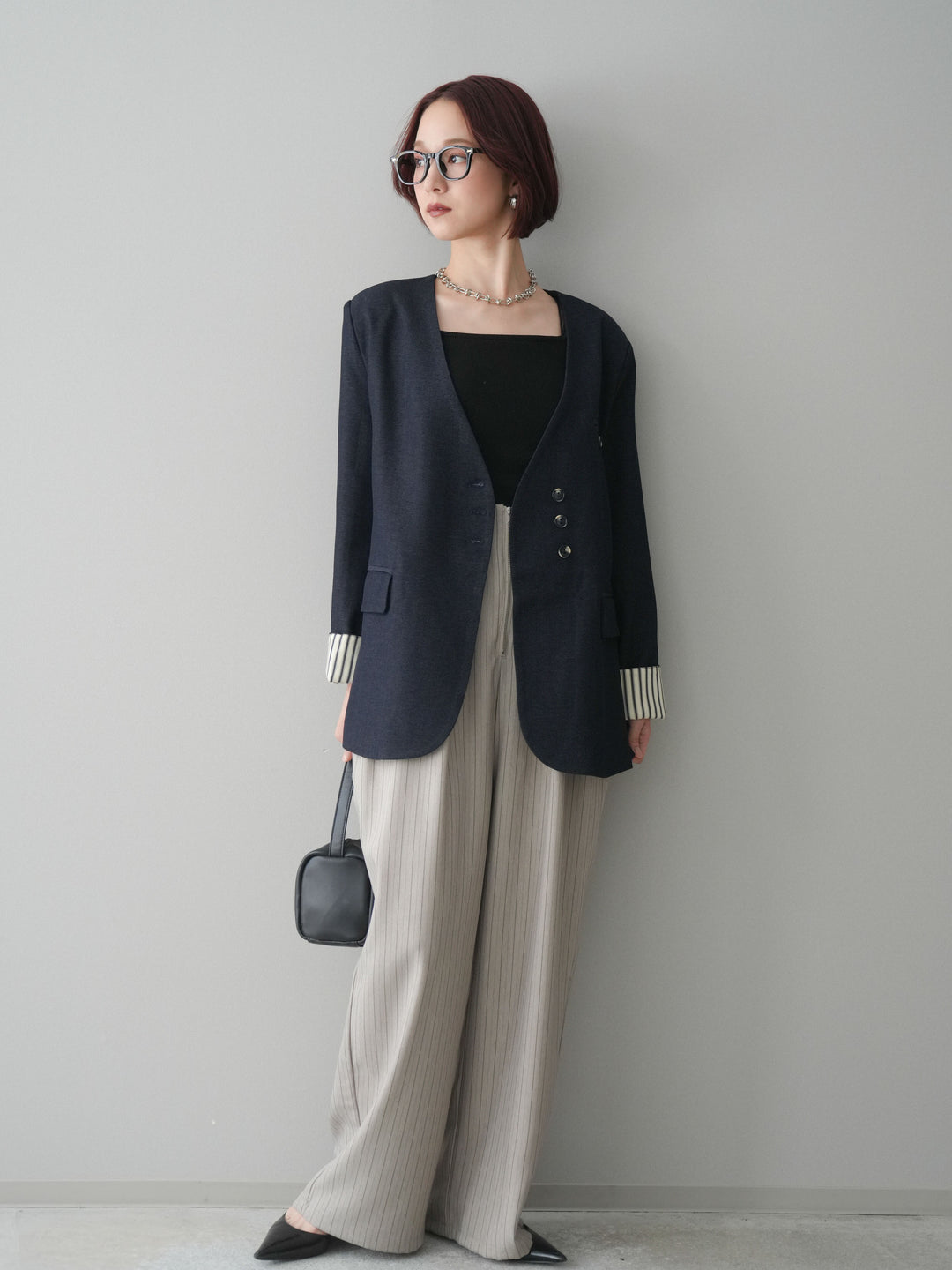 [SET]ノーカラージャケット+グログランテープストライプサロペット(2set)