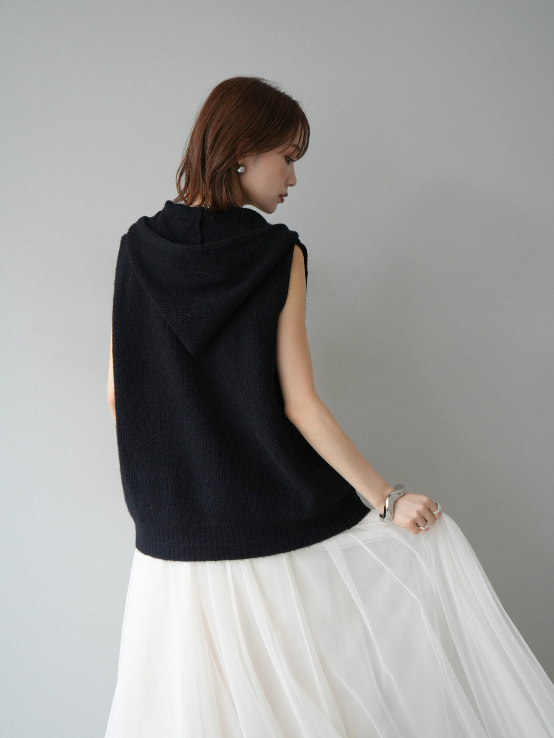 [予約]ノースリーブニットパーカー/ブラック