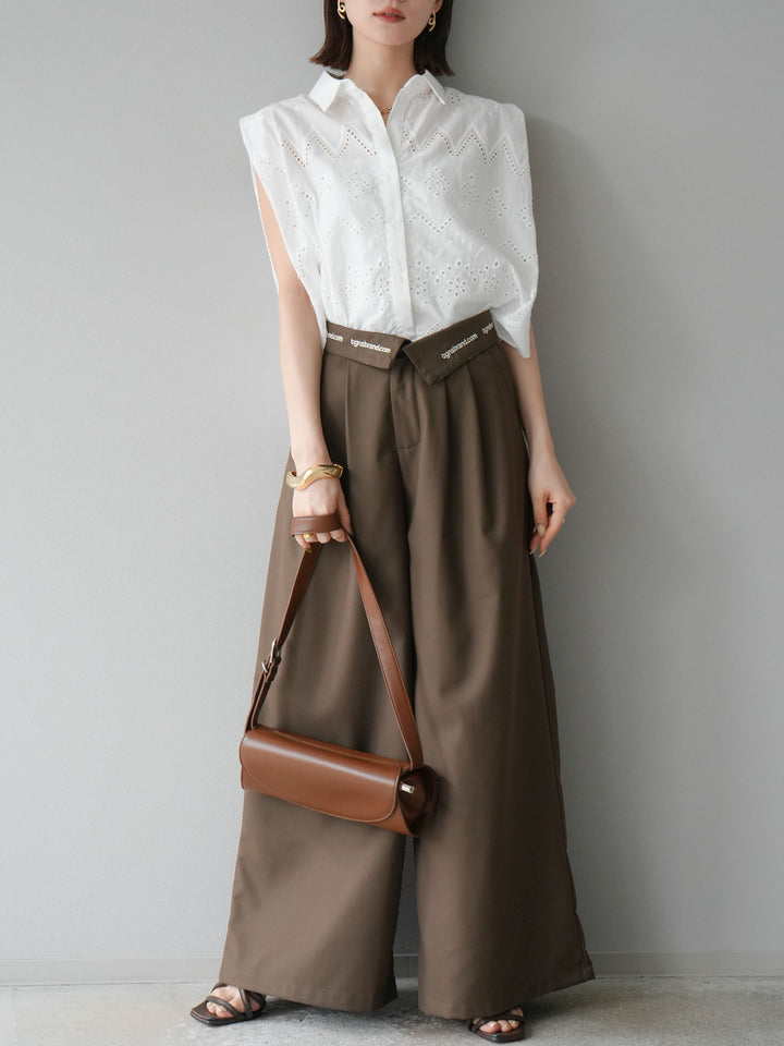 【預購】寬褲，捲腰，附logo褶/褐色