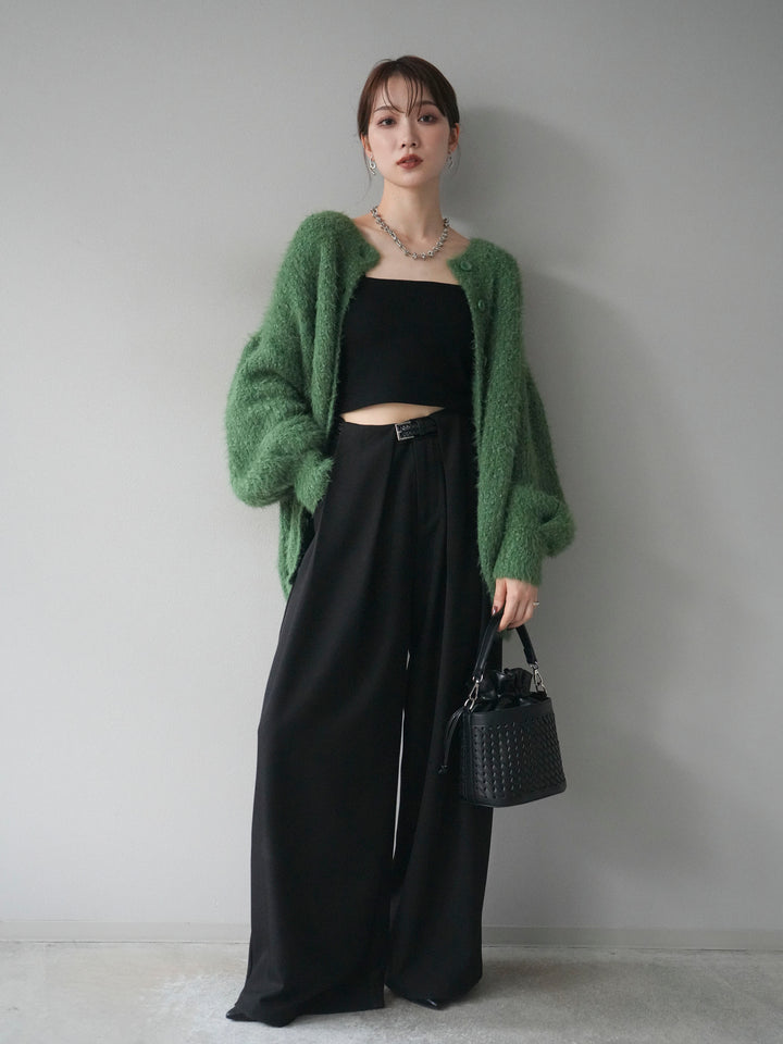 [SET]クルーネックランダムシャギーカーディガン+ベルトループデザインワイドパンツ(2set)