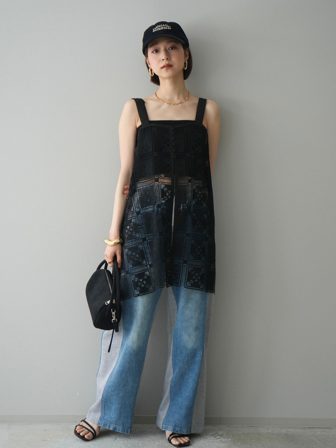 [SET]配色パネルレースキャミソール+デニム切替スウェットパンツ(2set)