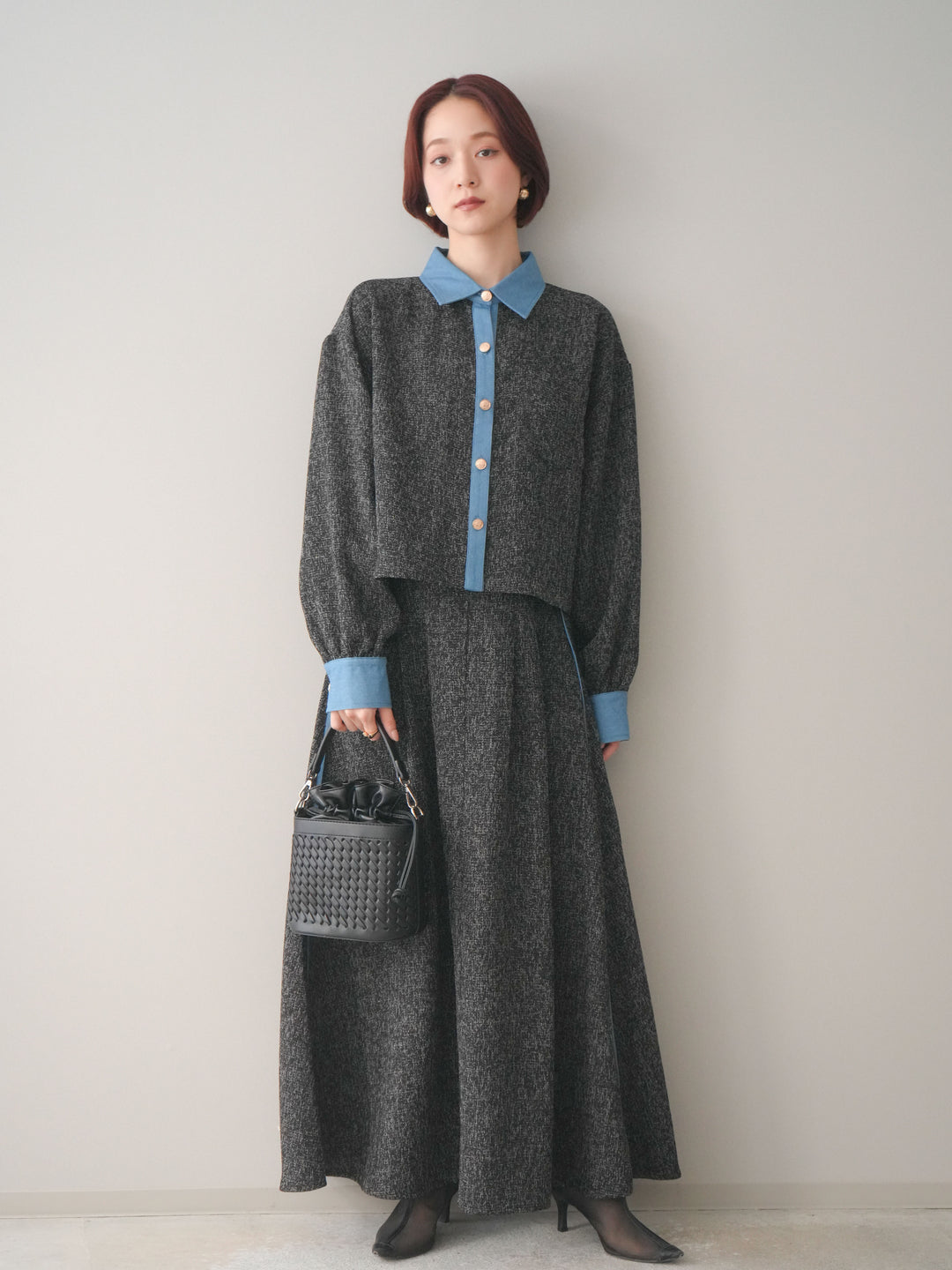 [予約]異素材サマーツイードタックフレアスカート/black