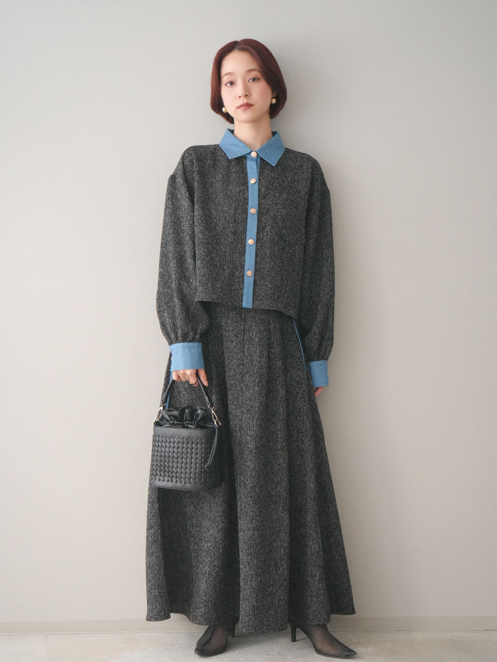 [予約]異素材サマーツイードタックフレアスカート/black