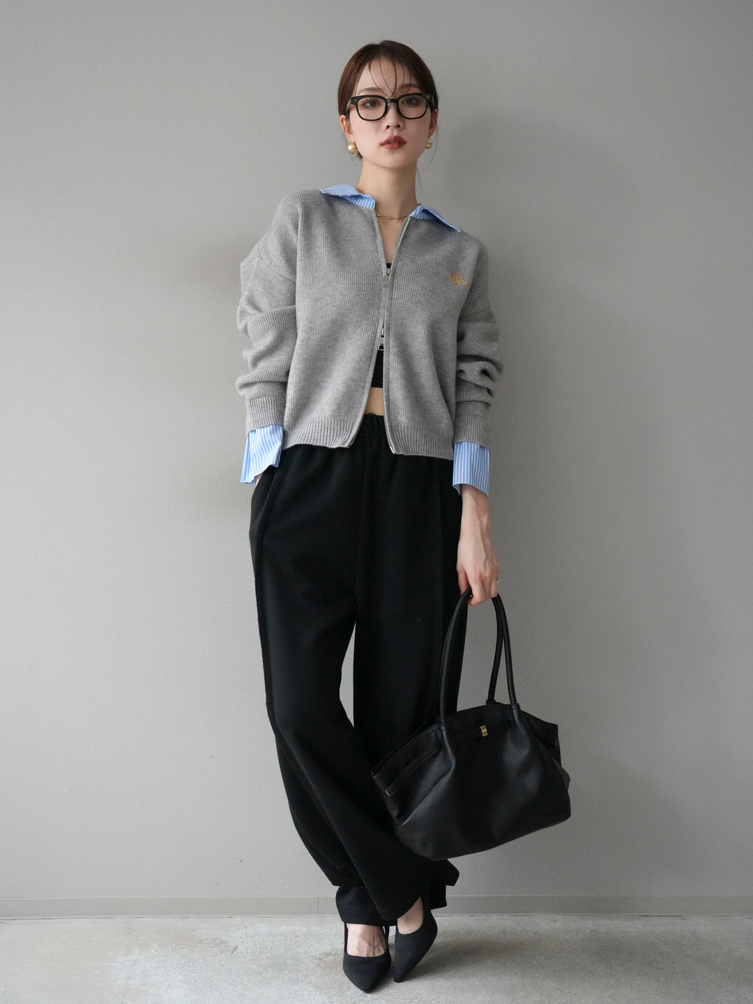 【預購】條紋襯衫疊層拉鍊針織開襟衫/灰色