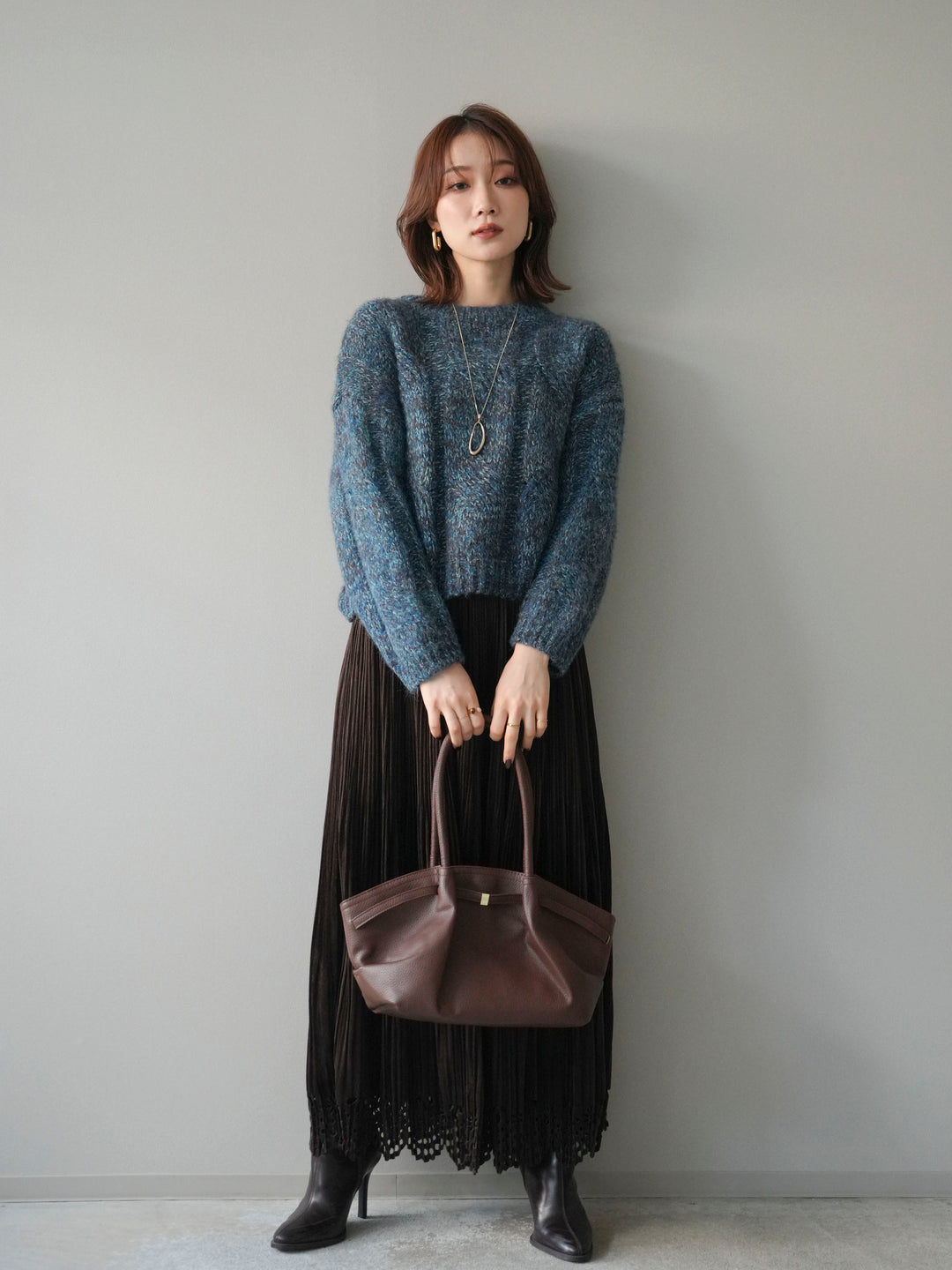 [予約]ワイドケーブルミックスニットプルオーバー/blue