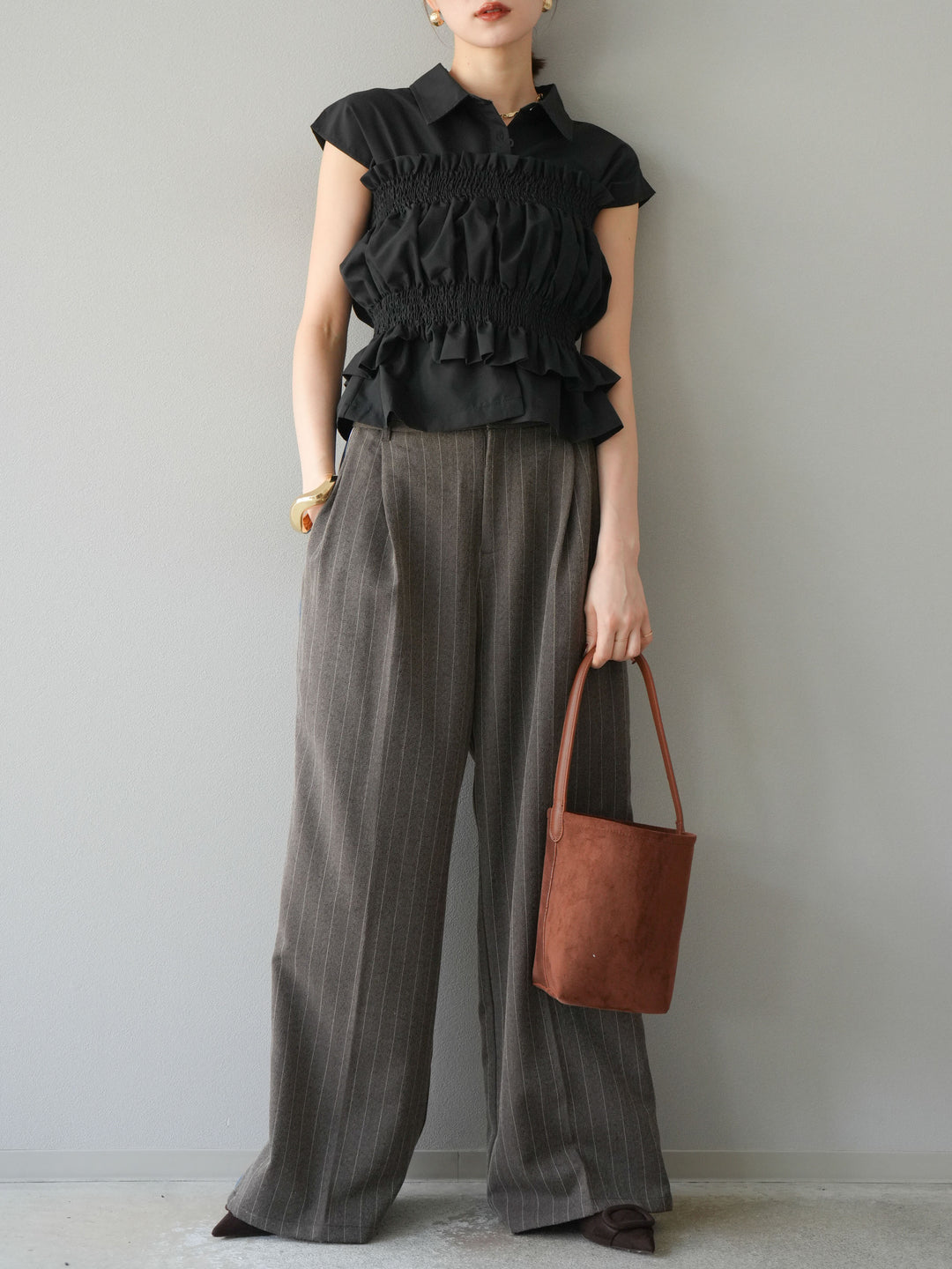 [予約]サイドラインストライプワイドパンツ/ブラウン