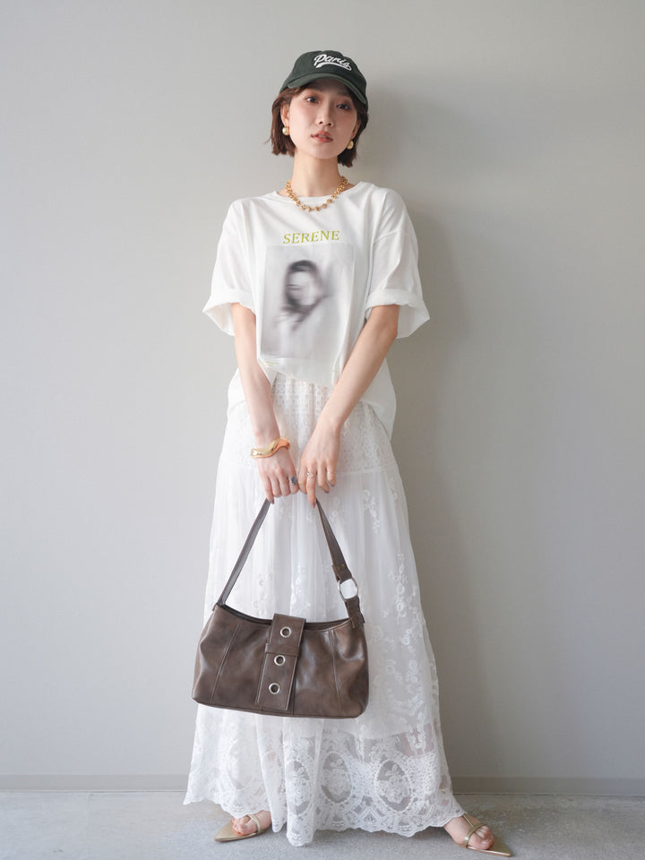 [SET]ブラーアートフォトTシャツ+シアーレースマキシスカート(2set)