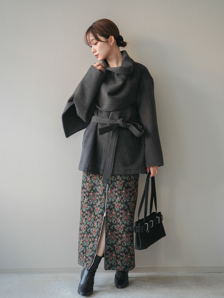 [予約]ストールデザインショートコート/charcoal