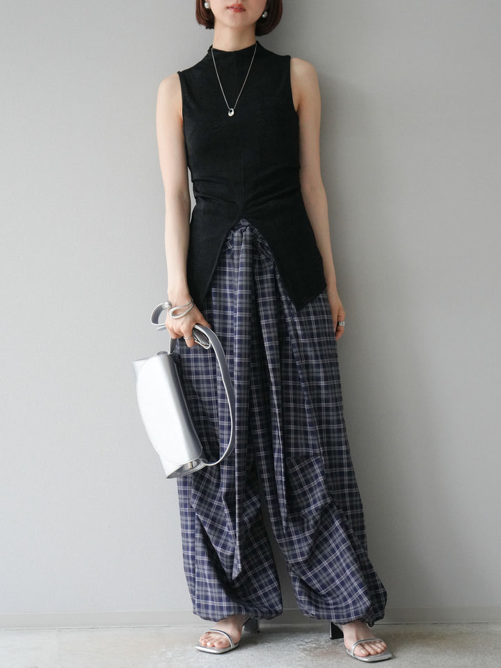 [予約]チェック柄ウエスト巻きドロストパンツ/ネイビー