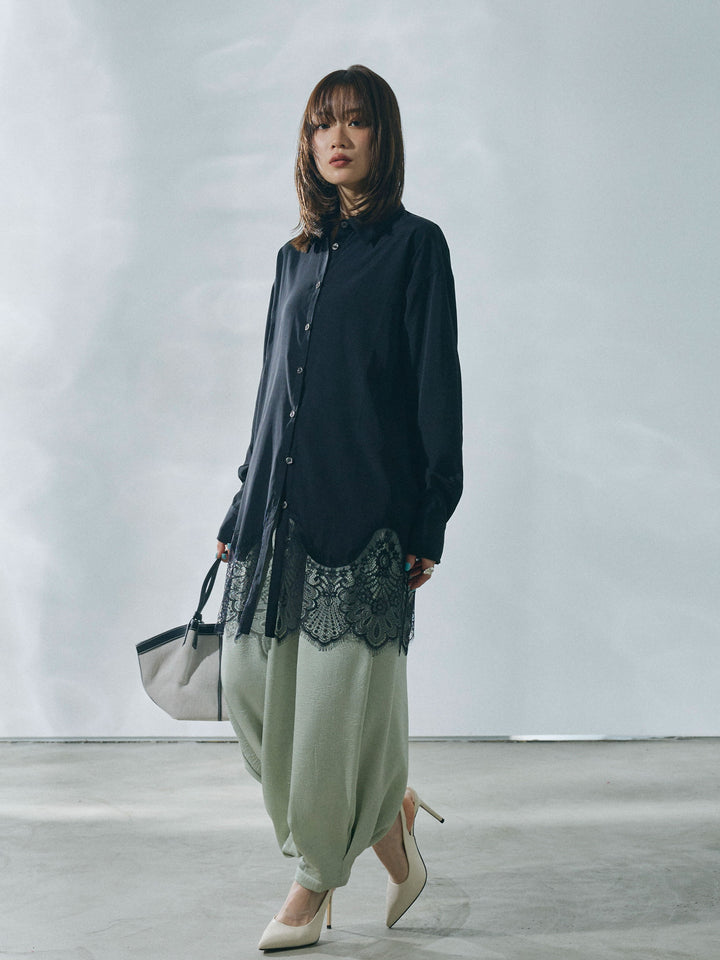 【Allure】[SET]裾レースポプリンシャツ+ワッシャーサテンタックジョガーパンツ(2set)