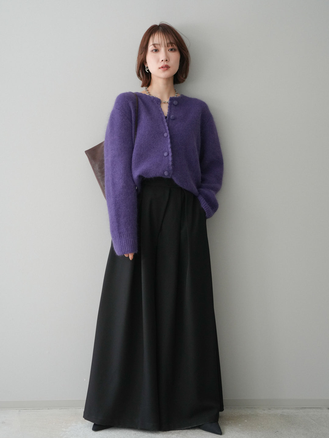 [SET]くるみボタンニットカーディガン+テープベルトタックバギーパンツ(2set)