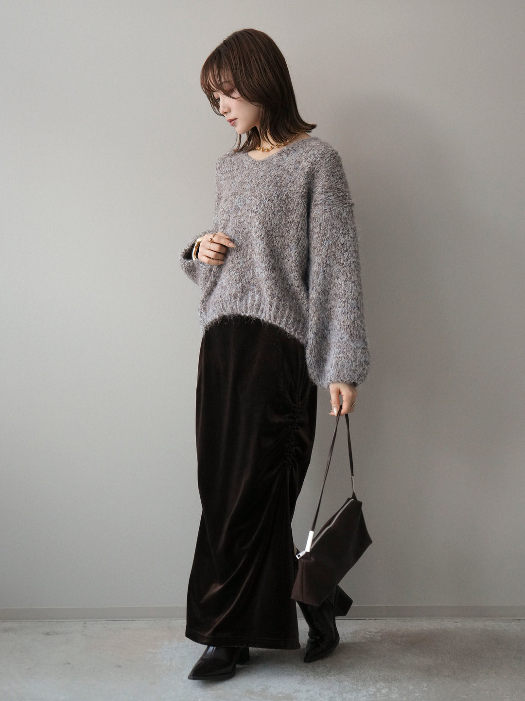 [SET]Vネックミックスヤーンニットプルオーバー+ギャザーベロアスカート(2set)