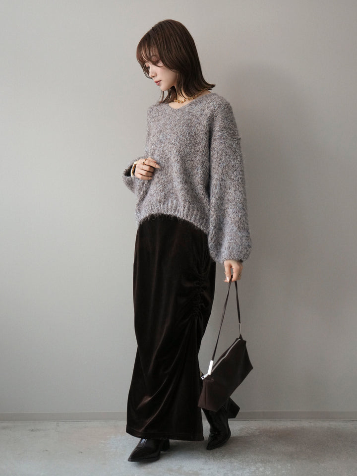 [SET]Vネックミックスヤーンニットプルオーバー+ギャザーベロアスカート(2set)