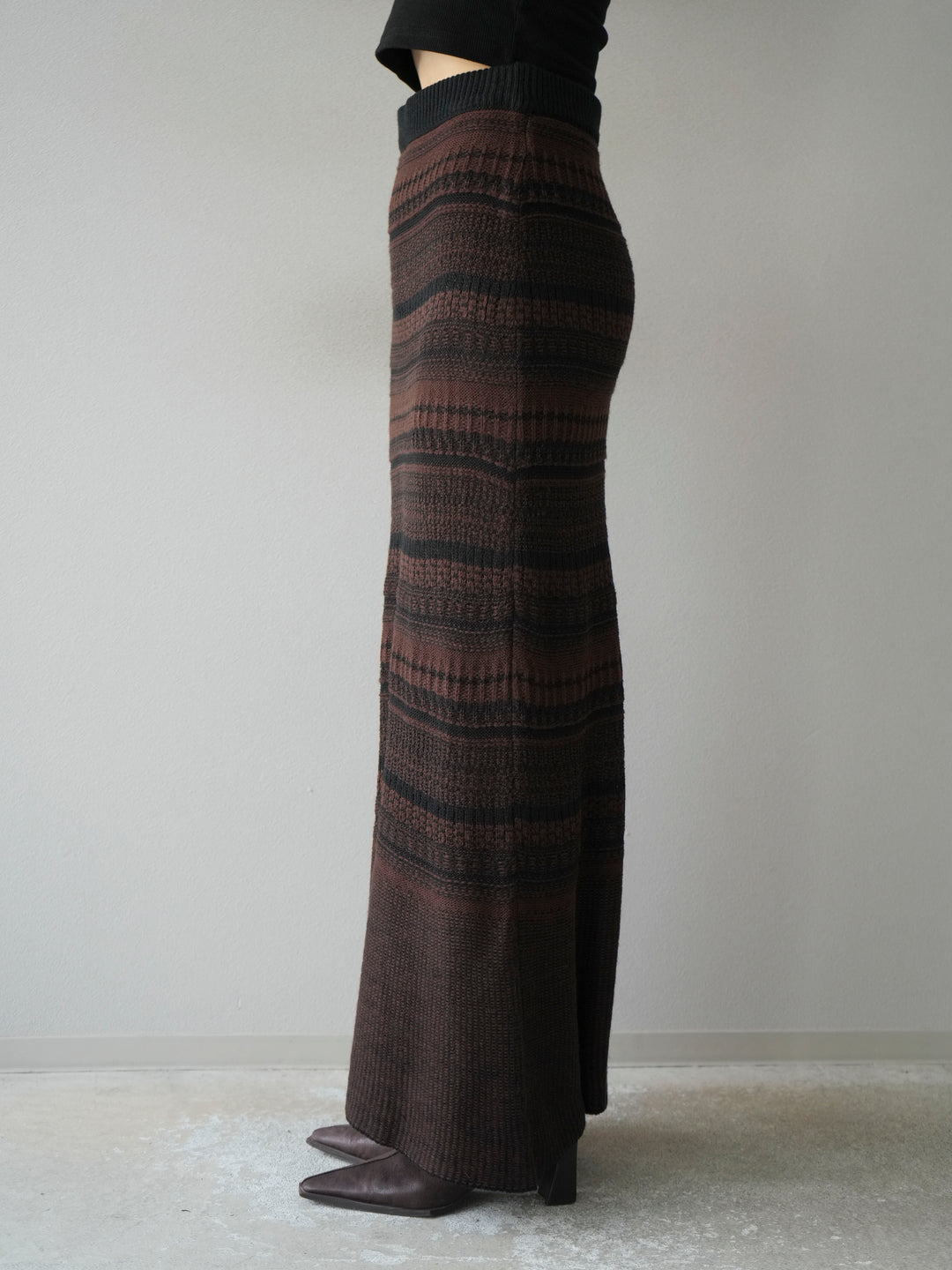 [予約]ガーター編みニットロングスカート/ブラウン×ブラック