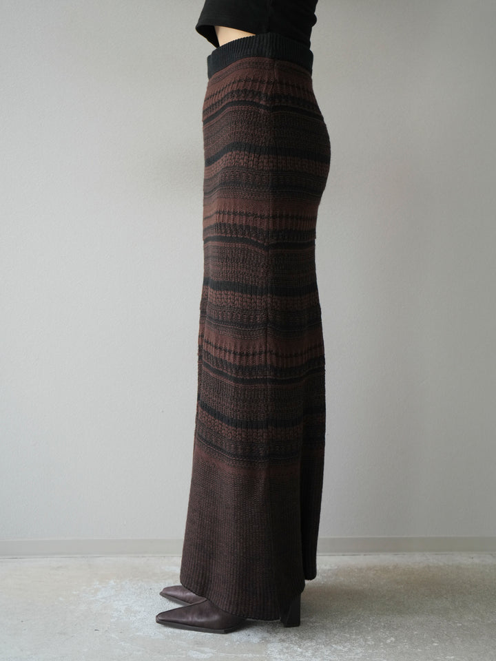 [予約]ガーター編みニットロングスカート/ブラウン×ブラック