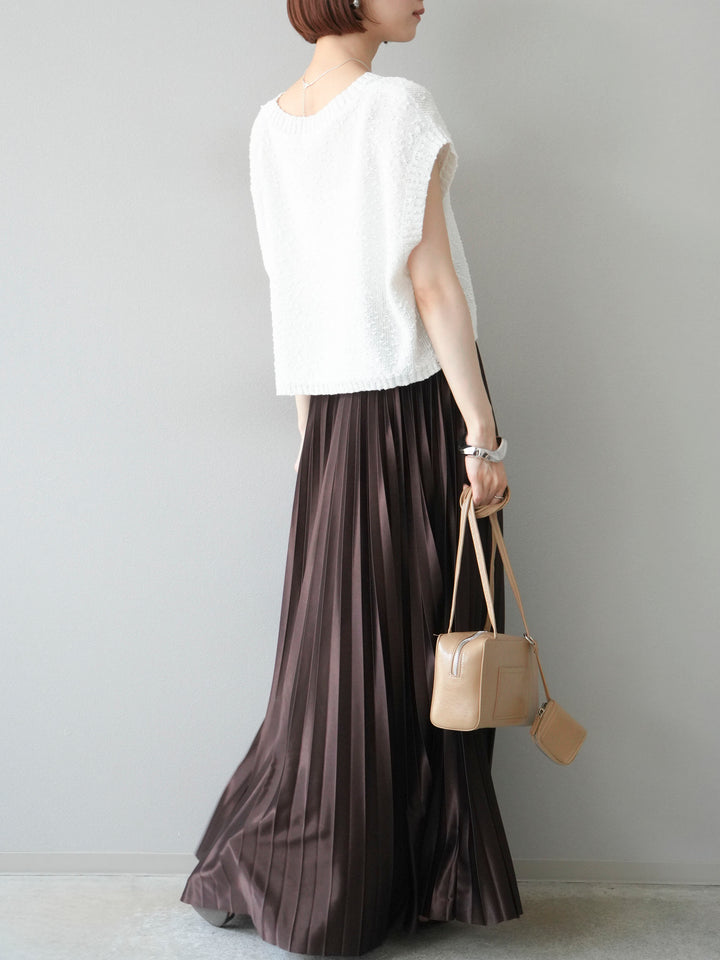 [SET]ネップヤーンクロップドニットベスト+サテンプリーツマキシスカート(2set)