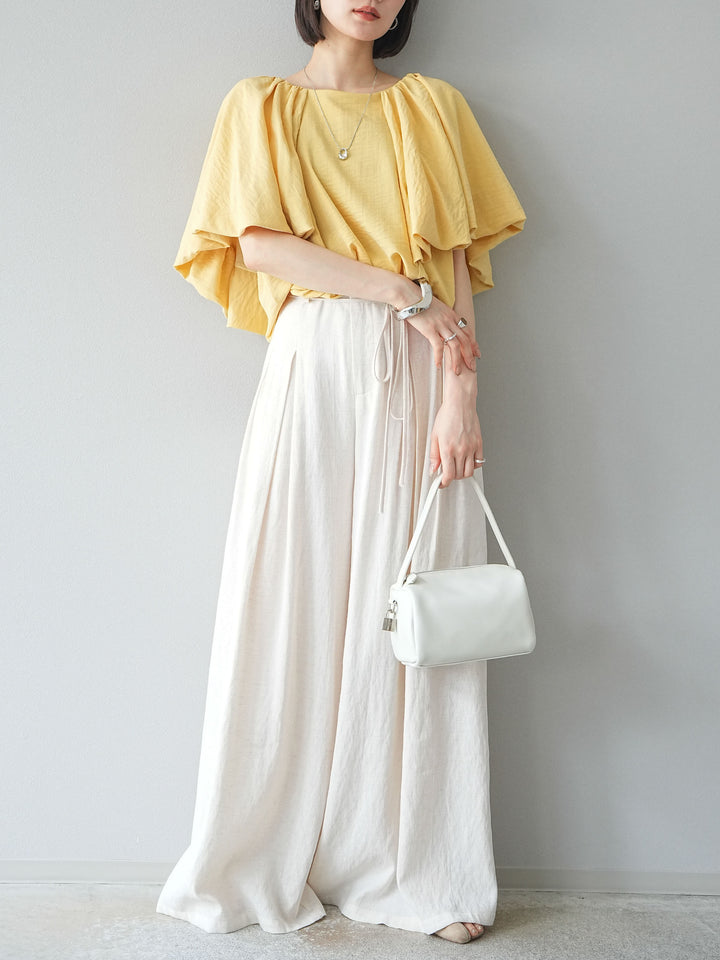 【預購】仿亞麻雙褶設計寬褲/象牙白