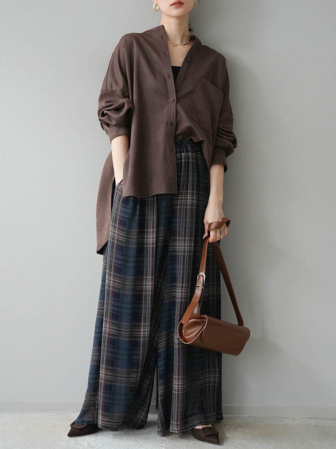 [SET]スエードバンドカラーオーバーシャツ+シアーチェックバギーパンツ(2set)