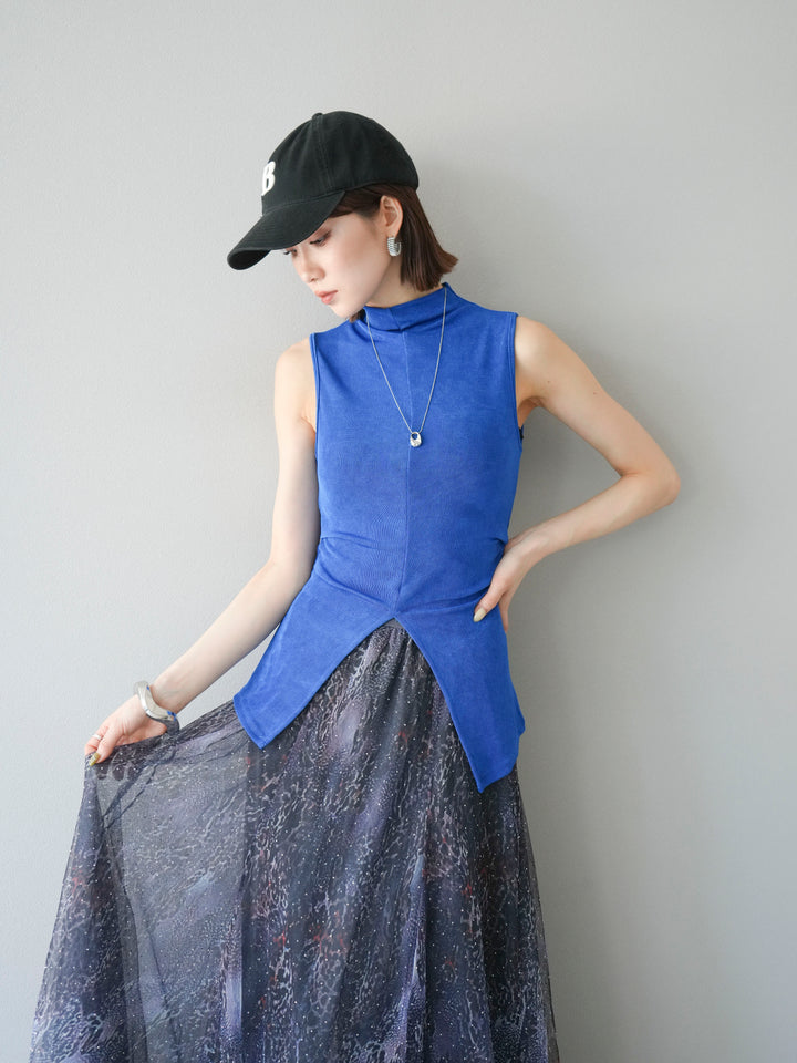 [予約]フロントスリットレーヨンニットトップス/ブルー