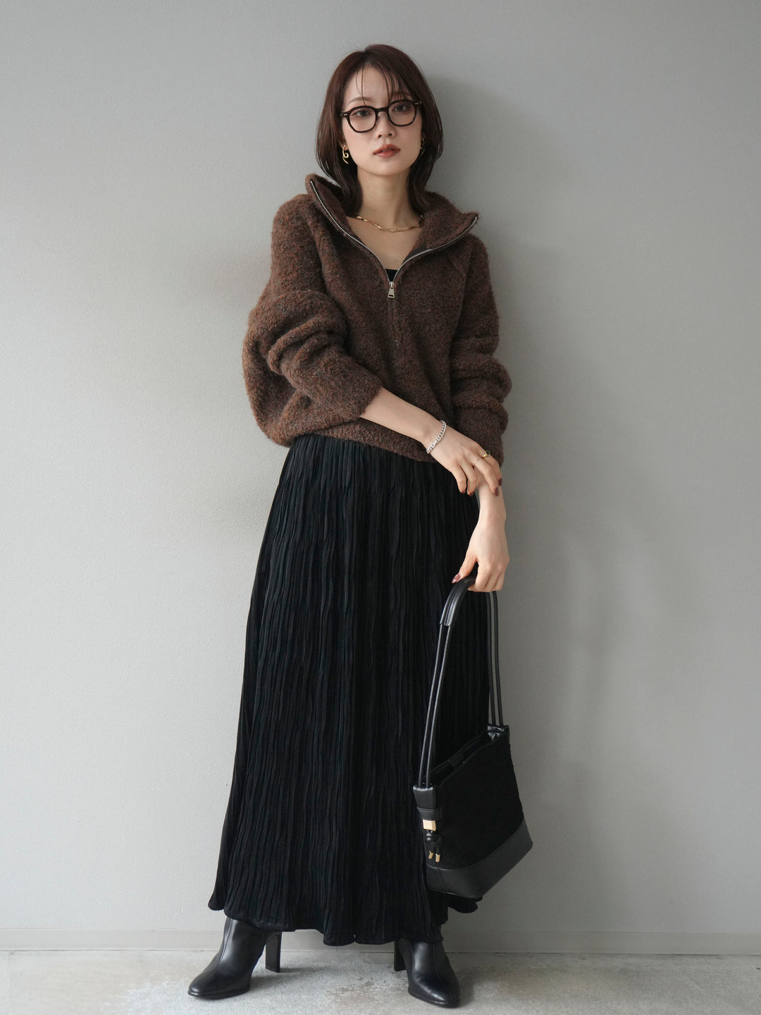 [予約]スタンドジップMIXブークレニットプルオーバー/brown