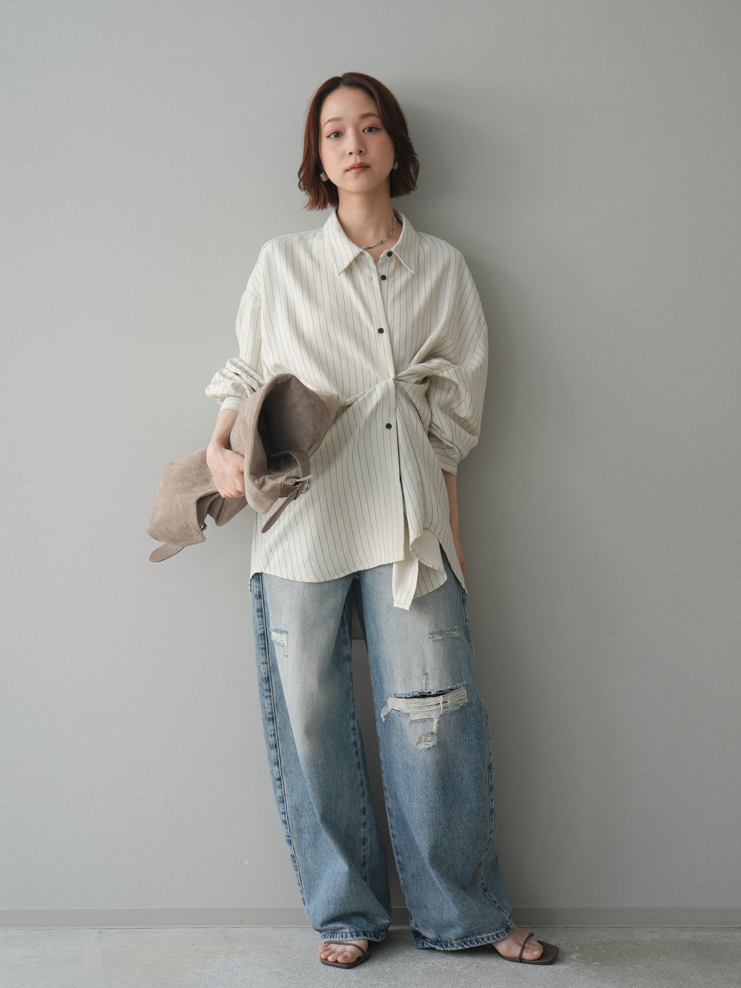 【套裝】雙向裹身條紋襯衫+破洞牛仔半闊腿褲（兩件套）