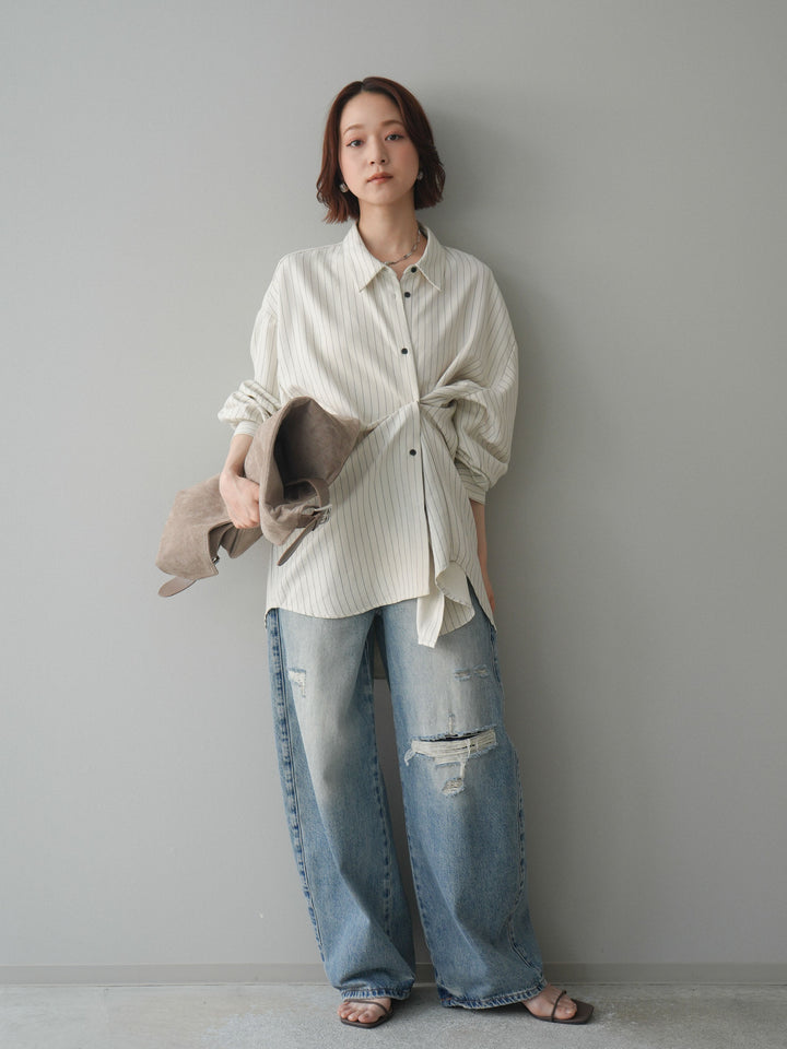 【套裝】雙向裹身條紋襯衫+破洞牛仔半闊腿褲（兩件套）