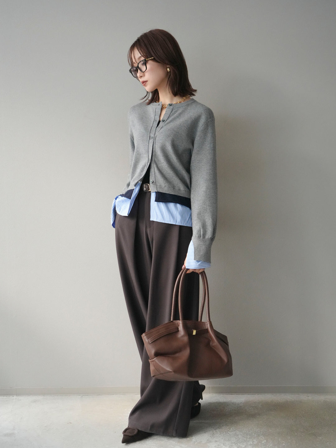 [予約]シャツ襟レイヤードニットカーディガン/gray