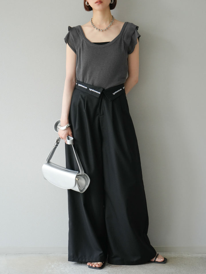 [予約]ウエスト折り返しロゴタックワイドパンツ/ブラック