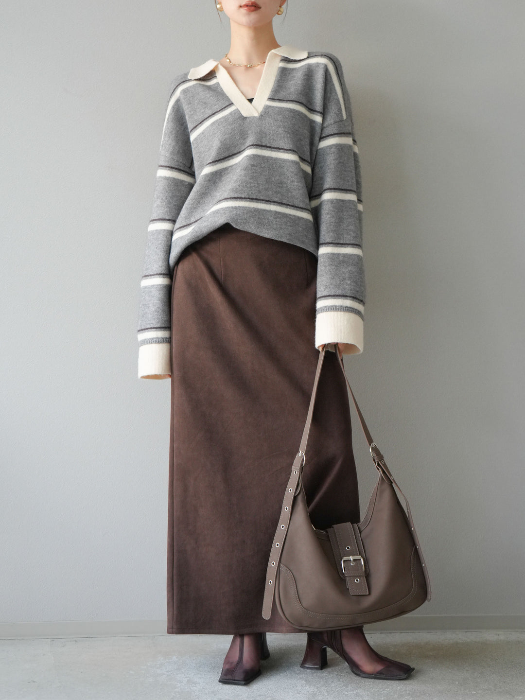 [SET]ポロ襟スキッパーボーダーニットプルオーバー+スウェードIラインスカート(2set)