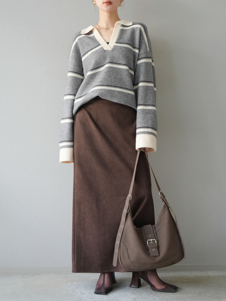 [SET]ポロ襟スキッパーボーダーニットプルオーバー+スウェードIラインスカート(2set)