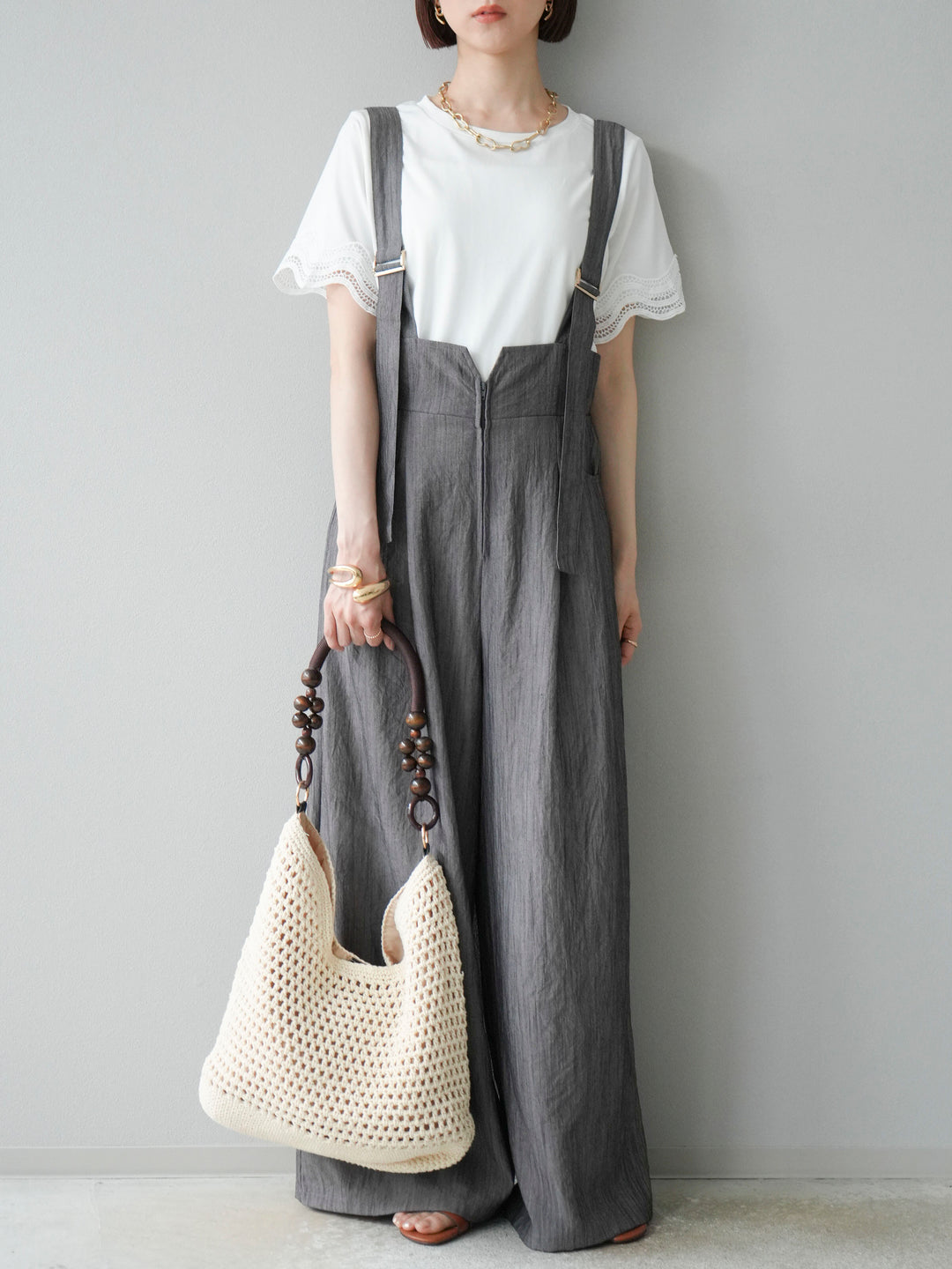 [予約]ストリングデザインハイウエストサロペット/チャコール