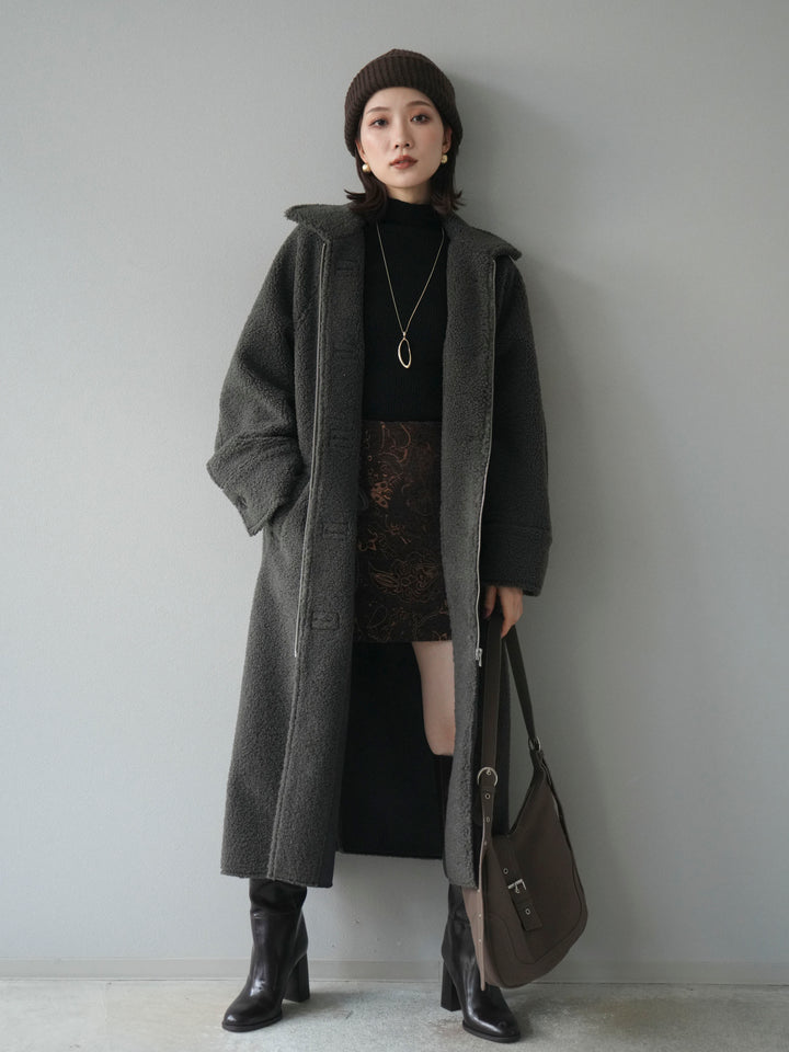 [予約]ボアxムートンロングコート/charcoal