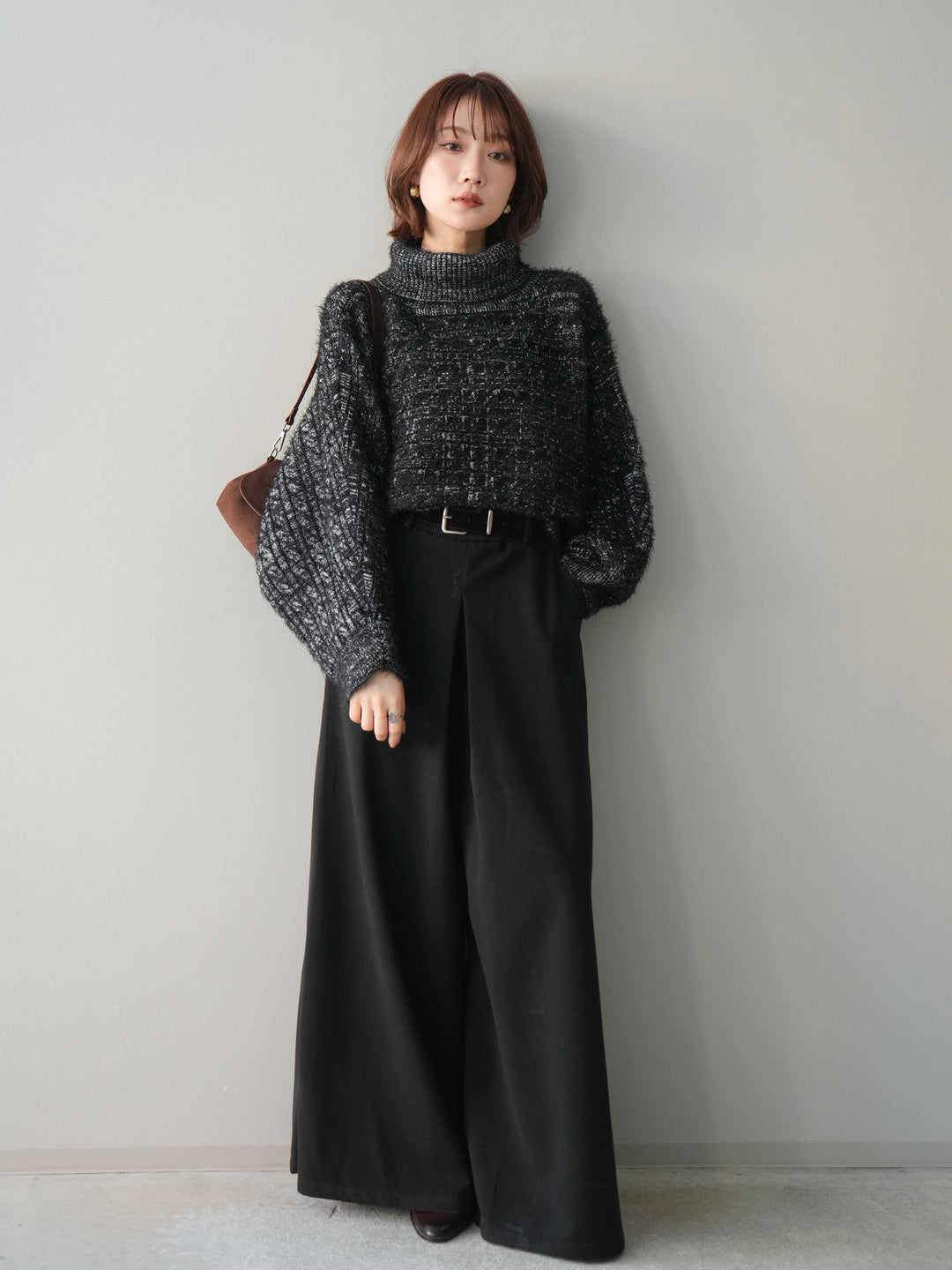 [予約]オフタートルケーブル編みニットプルオーバー/black