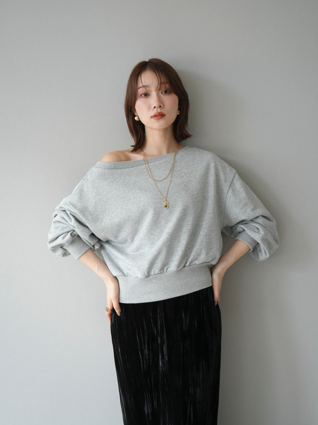 [予約]オフショルスウェットプルオーバー/杢グレー