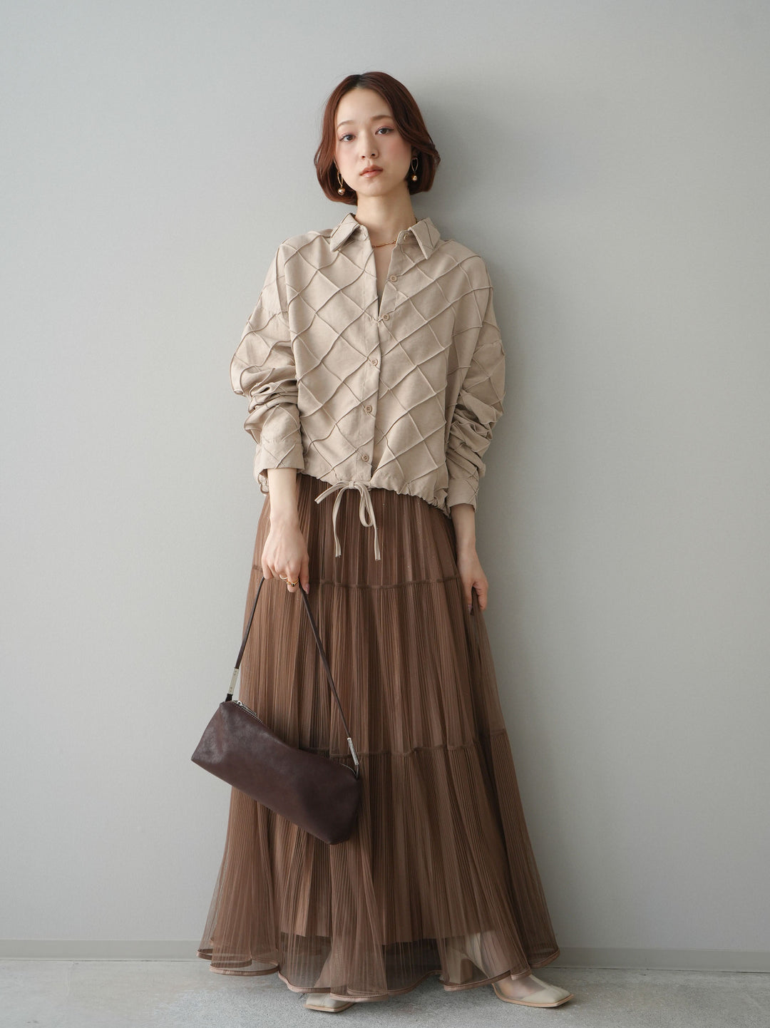 [予約]ラメプリーツレイヤードチュールロングスカート/mocha